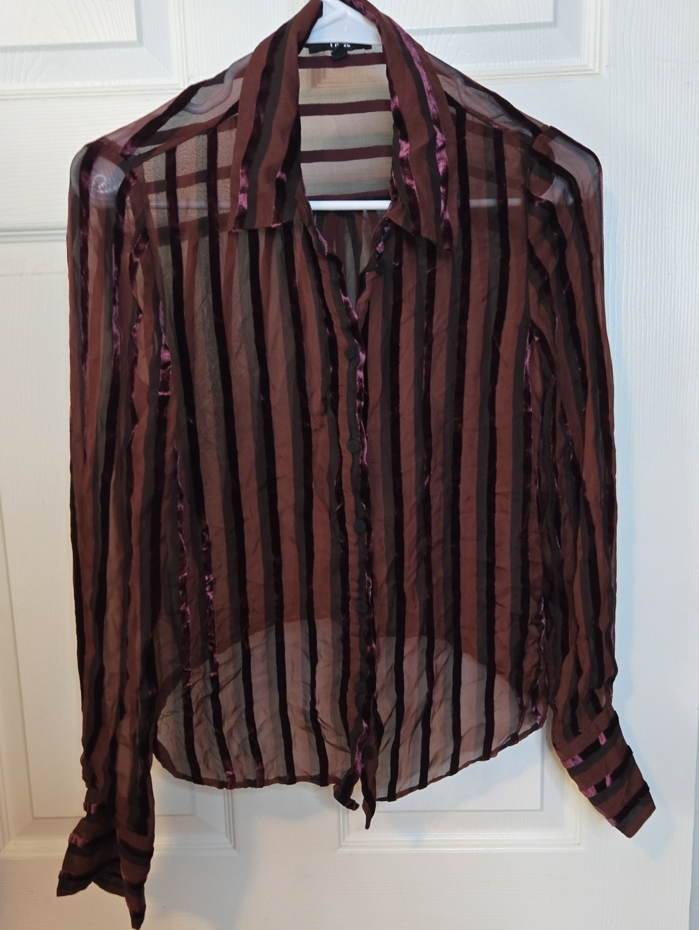 PAIGE Sheer Striped Button-Down Blouse in Brown and Purple